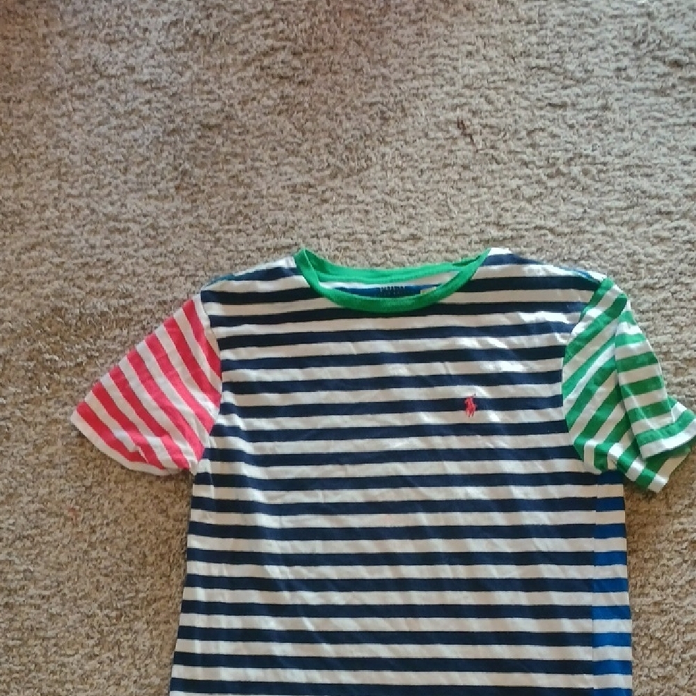 Polo by Ralph Lauren Navy & White Striped Tee with Pink and Green Sleeves